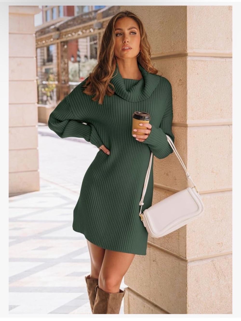 Cozy Forest Green Ribbed Turtleneck Sweater Knee-length Dress